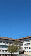 Helicopter flies over outdoor court in Zlatograd, Bulgaria