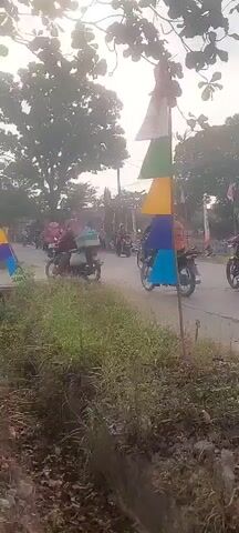 A medium-angle, slightly shaky, exterior shot shows a roadside scene with several people on motorcycles. The video begins with a focus on a pole with colorful flags attached. A group of people on motorbikes are traveling along a paved road. In the background, there are trees and some buildings, as well as national flags decorating the roadside. As the video progresses, more people on motorcycles are visible, some of whom are wearing headscarves. The shot then pans to the right, showing a group of people, including children, walking along the side of the road. The environment appears to be a rural or suburban setting. The lighting suggests it is daytime, possibly morning or late afternoon, with an overcast sky.