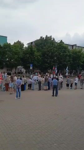 This is a vertical, low-angle, medium shot of a gathering of people outdoors on a paved area. In the foreground, a man in a light blue shirt and dark pants stands with his back to the camera, facing a crowd. To his left, a woman in a light-colored shirt and brown shorts walks away from the camera. To the right, the back of a bicycle is visible. The middle ground features a large group of people of various ages, some standing and some in conversation. Several people are holding flags, including one with green, red, and white colors, and another white flag with a black symbol. In the background, there are trees and buildings. The sky is overcast.