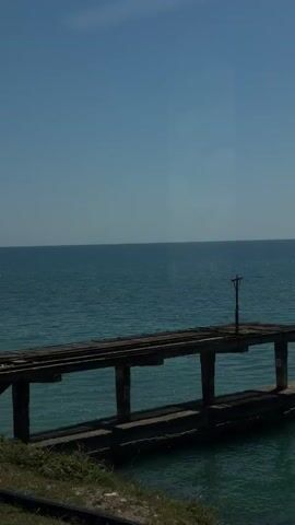 A still, wide shot captures a tranquil blue ocean under a clear sky. In the foreground, a partially ruined wooden structure with visible stairs extends over the water, suggesting a former pier or boardwalk. To the left, a concrete slab juts into the sea. The water exhibits gentle ripples and reflects the sunlight, creating a shimmering effect. A few dark specks, possibly buoys or swimmers, are visible in the distance on the water. Lush green vegetation borders the lower edge of the frame on the left. The overall impression is one of a serene, slightly derelict coastal scene.