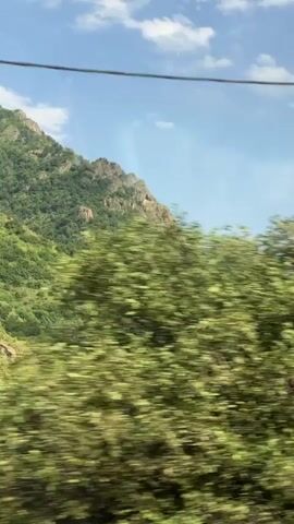A time-lapse video shows a view from a moving vehicle. In the foreground, trees are blurred by motion. In the background, a large, green, tree-covered mountain slope is visible under a blue sky with scattered clouds. A power line runs horizontally across the top of the frame. A pale pole, also blurred by motion, appears briefly in the right side of the frame.