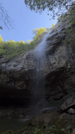 Waterfall flows into pool amid greenery in Veselinovo, Bulgaria