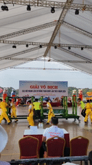 Performance group in yellow sequined outfits plays outdoor venue