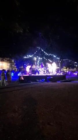 The video shows an outdoor concert at night. A band is performing on a raised stage, illuminated by colorful lights. Several band members are visible on stage, some playing instruments. The stage is decorated with string lights that also illuminate the trees above. In the foreground, there is a grassy area with a few people standing and observing the performance. In the background, there are buildings and more lights, suggesting a populated area. The overall atmosphere is festive and lively.
