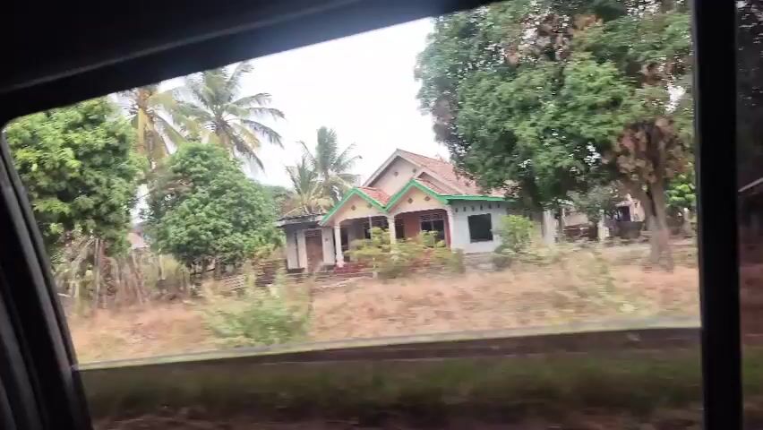 The video shows a view from inside a vehicle, looking out the side window. The scenery is rural, with houses, trees, and some vegetation visible. In the first few seconds, a house with a red roof and a tall tower can be seen. There are also palm trees. Later, a coconut tree with fruit is visible. A truck passes by, its white container covering most of the view. More houses, some with wooden structures, are seen, along with motorcycles parked outside one of them. The environment appears to be a warm climate. The video is shaky, suggesting it was recorded from a moving vehicle.