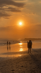 Sunset beach scene with swimmers captured in North Kuta