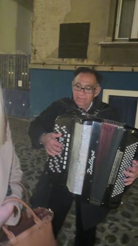 A man plays an accordion on a cobblestone street at night. He is wearing glasses and a black coat. The accordion is black and silver, with the word "Dallape" on it. A woman stands next to him, holding a purse, money, and a red rose. Buildings are visible in the background. The scene appears to be in a European city.