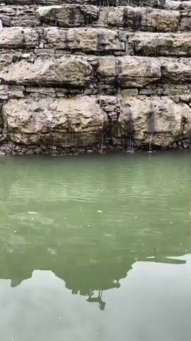 The video shows a tiered rock structure with water cascading down its sides into a green body of water. A statue of a goat stands atop the highest tier.