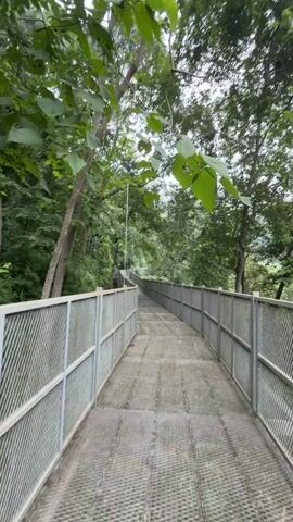 A first-person perspective video shows a person walking on a raised walkway made of metal grating with metal railings on either side. The walkway is surrounded by lush green trees and foliage, suggesting an outdoor, natural environment. The walkway appears to be winding and ascending into the distance. The lighting is overcast, indicating a cloudy day. There are no other people visible in the video. The video is a continuous shot without any cuts.