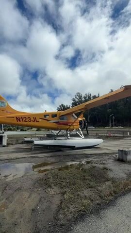A yellow floatplane with the registration number N123JL is parked on a muddy area with puddles. The plane has a single propeller engine and its wings are extended. The background shows trees and a cloudy sky. There are no people visible in the video. The overall environment appears to be an outdoor setting, possibly a small airstrip or seaplane base.