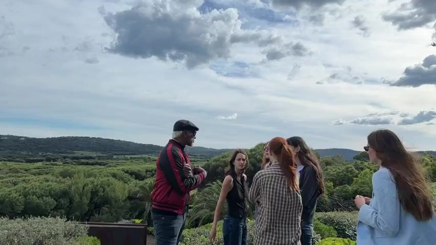 The video shows a group of people standing outside, overlooking a vast landscape of trees, a beach, and the ocean. The sky is partly cloudy. The camera pans to the right, focusing on the landscape and then up to a large, gnarled tree with the ocean visible in the background. A black object, possibly a camera mount, is attached to the tree.