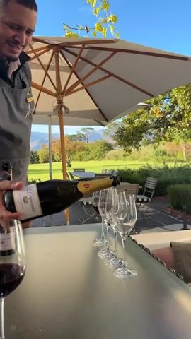 A medium shot shows a server wearing a gray apron pouring sparkling wine into several stemmed glasses on a table outdoors. The server, a dark-skinned man with short hair, smiles as he carefully pours the wine from a bottle labeled “Villiera”. The table is on a patio with a gray umbrella overhead. Beyond the patio are a grassy lawn, trees, and mountains in the distance under a clear blue sky. In the foreground, another glass of red wine sits on the table.