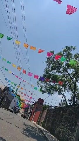 A low-angle shot shows a street in a town on a bright, sunny day, focusing on the colorful papel picado banners strung overhead. The banners, in a variety of colors including green, yellow, orange, red, pink, and purple, hang from overhead wires. The street is paved and lined with buildings on either side. A stone wall is visible on the right, while on the left, an arched gateway is seen in the distance. Several cars are parked along the street, and a few people are walking in the distance, near a colorful balloon arch. A tree is also visible on the right side of the frame. The camera gradually pans upwards.