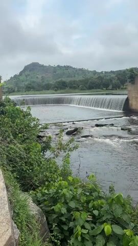 A wide shot captures a serene landscape with a man-made waterfall cascading over a dam. Lush green foliage frames the foreground, with a stone wall visible on the left. Beyond the waterfall, a gentle hill covered in trees and vegetation rises under a cloudy sky. The water flows from the dam into a rocky riverbed, creating a peaceful and natural setting. The video appears to be filmed from a static position, offering a consistent view of the environment. There are no people or animals visible in the frame.