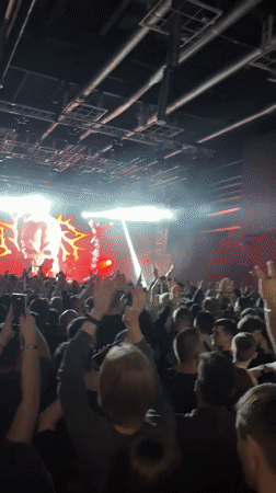 Concert crowd gathers in Moscow with skull stage display