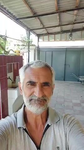A medium shot video shows a man with graying hair and a beard. He is wearing a light-colored polo shirt. He is standing outdoors under a covered patio. Behind him, there is a wall with dark red tiles, a sink, and a faucet. Further in the background, there are large sliding doors. Green foliage and vines hang overhead and around the man, suggesting he is in a garden or yard. The lighting indicates it is daytime. The man is looking directly at the camera.