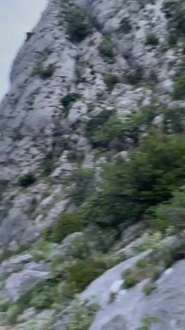 The video features a steep, rugged mountainside characterized by grey, rocky surfaces interspersed with sparse green bushes and small trees. A single individual, a male wearing a light-colored (possibly light green or white) short-sleeved shirt and dark trousers, is actively climbing or scrambling up the rocky incline. He is seen from behind, using his hands and feet to navigate the challenging terrain, moving steadily upwards and slightly to the right within the frame. The environment appears natural and undeveloped, indicative of a mountainous region. The lighting is diffused, suggesting daytime, possibly under an overcast sky or during the early morning/late afternoon. A male voice is audible, exclaiming "крути, чуваки" (cool, guys), indicating appreciation or admiration for the climber's effort. The scene depicts a strenuous climb in a rocky, vegetated mountain landscape, consistent with the location context of Zupci, Montenegro.