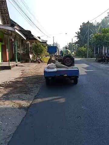 A person wearing a green vest and white helmet is driving a small blue tractor with a trailer attached. The trailer is carrying a blue hopper, a large bag of grain, and several white sacks. The tractor is driving down a paved road in a rural area. There are houses and trees on either side of the road. The word AWAS is written in red on the back of the trailer. The video is filmed from behind the tractor.