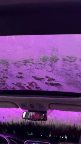 The video shows the interior of a car, specifically the front dashboard and sunroof, during a car wash. Pink soap and water cover the sunroof. The rearview mirror shows the reflection of a person in the driver’s seat. The dashboard and steering wheel are visible, and in the background, a red object is visible through the windshield.