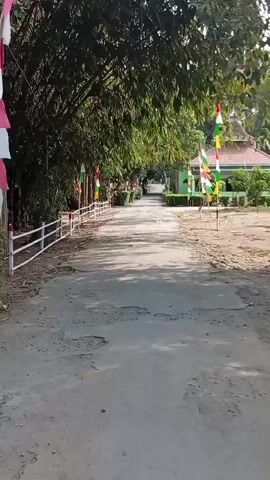 The video shows a paved road lined with trees and flags. On the left side of the road, there is a white fence and lush green trees. On the right side of the road, there is a green building with a red roof, and several flags are planted in the ground in front of it. The flags are red, white, and green. The road appears to be in a park or a rural area. The camera is moving forward, suggesting someone is walking or driving down the road. The sunlight casts shadows on the road, indicating it is daytime.
