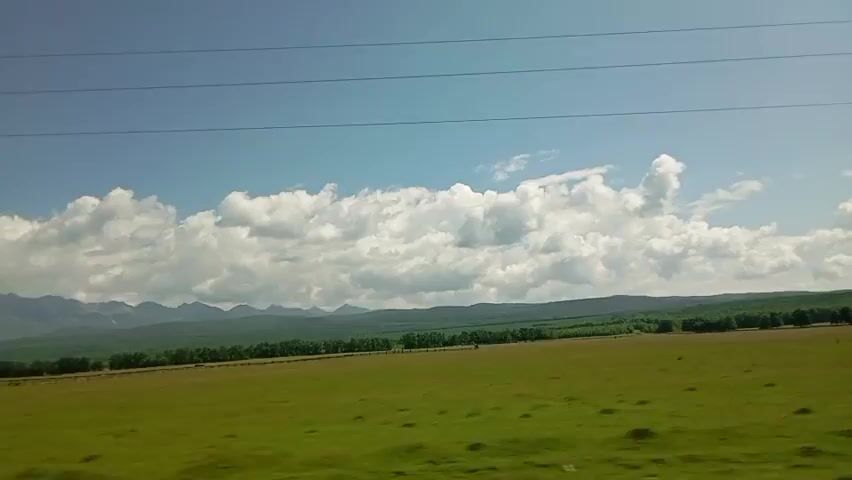 The video captures a sweeping view of a vast green landscape under a bright blue sky dotted with fluffy white clouds. In the foreground, a wide expanse of green grass stretches out, appearing as a field or pasture. Beyond the field, a line of dark green trees forms a dense forest. In the distance, a range of mountains, possibly covered in evergreen forests, can be seen against the horizon. Several thin, dark horizontal lines, likely power lines, are visible against the sky, suggesting the presence of human infrastructure. The camera appears to be in motion, possibly from a vehicle, as indicated by the slight blurring and the consistent perspective. The overall scene conveys a sense of natural beauty and open space.