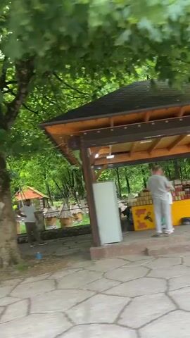 This video appears to be a short travelogue or promotional clip showcasing a rural tourist attraction, likely a honey-themed establishment, nestled in a lush, mountainous region. The setting is predominantly outdoors, with a stone-paved courtyard in the foreground and a backdrop of dense green forests covering steep hillsides, suggesting a mountainous location. The weather seems overcast with occasional patches of brighter sky, hinting at a temperate climate.

The subjects in the video include a few people walking through the courtyard, their presence suggesting it's an operational business. There are several objects of interest:
*   **Buildings:** A main building with a yellow roof and wooden trim, displaying the text "ДОМ МЕДА" (Dom Meda), which translates to "Honey House" in Russian. Adjacent to it are smaller, similar-looking structures, possibly shops or tasting areas.
*   **Decorative Elements:** A prominent, large statue of a bear sitting on a yellow barrel is a key visual element, likely a mascot or a photo opportunity. Rows of traditional beehives, some shaped like miniature houses, are also visible behind a decorative stone fence, reinforcing the honey theme.
*   **Vehicles:** A few cars are parked in the vicinity of the main building.
*   **Natural Elements:** Large, leafy trees provide shade, and the pervasive greenery of the mountains dominates the background.

The activity seems to be the general operation of a tourist attraction. People are present, the buildings are open, and the decorative elements are displayed, indicating it's a place where visitors can explore and engage. The overall mood conveyed is one of pleasant, nature-oriented tourism. The mountainous landscape and the honey-related theme suggest a rural, possibly agricultural, setting within Abkhazia, as indicated by the location context. The time of day appears to be daytime, given the lighting conditions.