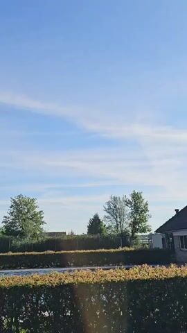 The video pans across a scene under a clear blue sky with some wispy white clouds. In the foreground, a neatly trimmed green hedge runs horizontally across the bottom of the frame. Behind the hedge, a road or pathway is visible, and beyond that, more hedges and trees. Further back, there's a playground area with colorful slides and structures. Lounging chairs are set up on a grassy area. The overall impression is of an outdoor recreational space, possibly a park or a resort, on a sunny day. There are no people clearly visible in the video. The camera is in motion, moving from left to right.