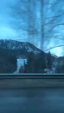 The video shows a view from a moving vehicle, looking out at a winter landscape.  The sky is a muted blue. A snow-covered mountain is visible in the distance, with dark green trees and patches of snow visible on the slopes.  Closer to the road, there are more trees with bare branches against the sky.  A metal guardrail runs along the edge of the road. Snow is piled on the ground next to the road. A few red taillights of another car are visible in the brief moment before the video ends.