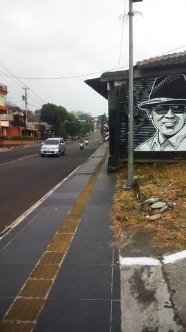 The video shows a roadside scene with a street, sidewalk, and buildings. A mural of a person wearing a hat and sunglasses is visible on the side of a building. A car is driving down the street, and there are trees and other vegetation in the background. The sky is overcast. The video is shot from a low angle, looking across the street. There is a yellow tactile paving strip on the sidewalk.
