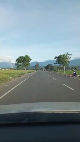 A car travels down a straight asphalt road in a rural area. The road has white lane markers and a shoulder. Rice paddies line the left side of the road, and trees are spaced intermittently along both sides. In the distance, a mountain range is visible under a light blue sky with scattered clouds. Motorbikes can be seen on the road ahead. The view is from inside the car, showing the dashboard.
