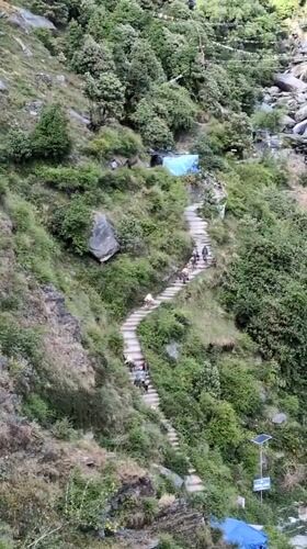 Stepped stone path winds through green hillside in Dharamkot