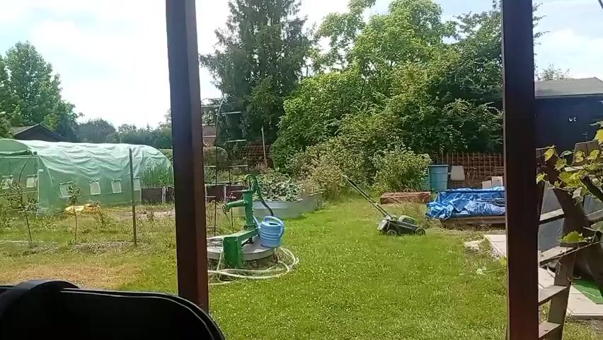 This is a video clip from a backyard in Karviná, Czechia. The scene is set in a suburban or rural environment on a bright, sunny day with some scattered clouds. The time of day appears to be late morning or early afternoon.

The primary subjects are the outdoor elements of a garden and yard. Visible objects include a large, green greenhouse covering plants, a green manual water pump with a blue watering can sitting on top, a lawnmower, a large black barbecue grill, several wooden pallets covered with blue tarps, and various trees and bushes. In the foreground, two dark chairs are partially visible, suggesting a seating area.

The activity taking place is not overtly action-packed. The lawnmower is positioned as if it has recently been used or is about to be used, and the general scene suggests routine yard maintenance. The presence of the greenhouse and garden beds indicates cultivation of plants. The overall atmosphere is peaceful and domestic.

Notable details include the lush green of the well-maintained lawn and trees, indicating a temperate season, likely summer. The lighting suggests it is a clear day. There is no visible text in the video. The scene evokes a sense of summer leisure and outdoor activity.