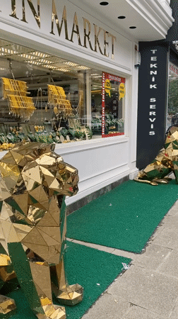 Golden lion statue guards jewelry store display in Çekmeköy