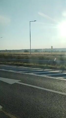 The video shows a view from a vehicle moving along a highway. The road surface is visible in the foreground, with white striped markings. A metal guardrail separates the highway from a grassy field in the background. Several tall lampposts are spaced along the side of the road. In the distance, there are some low-rise buildings and trees. The sky is clear and bright, with the sun visible in the upper right corner, indicating it is daytime. The overall impression is of traveling on a rural or suburban highway during daylight hours.