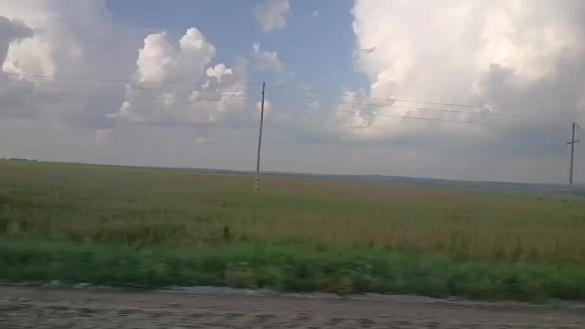 The video shows a rural landscape under a partly cloudy sky. A wide, green field stretches into the distance, with power lines supported by utility poles running horizontally across the frame. The field appears to be a crop, possibly wheat or corn, with areas of both green and slightly drier vegetation visible. In the far distance, there is a faint hazy line indicating the horizon. The foreground shows a dirt road or path. The camera appears to be moving, giving a sense of travel. There are no people visible in the video.