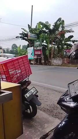 A white car drives by on a paved road. A motorcycle is parked on the side of the road with a red plastic basket on its rear. Behind the motorcycle, there are banana trees and signs. To the left, there is a food stall with a menu displayed on the window. The menu shows "MARTABAK TELOR" and various prices. Inside the stall, there are ingredients and a QR code for payment.