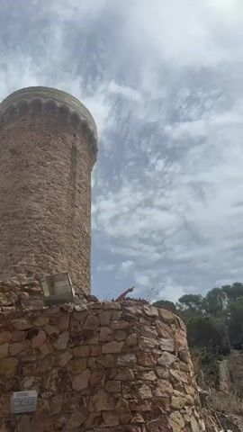 The video pans across a rocky cliffside with a stone tower. The tower is made of rough, brown stones and has a rounded top. Below the tower, a stone wall is visible, also constructed from irregular rocks. Further down the cliff, there are patches of dry grass and some sparse vegetation. The sky is cloudy with wispy white clouds against a bright sky. The camera then moves to reveal a beach scene. The beach is filled with people, sunbathers, and beach umbrellas in various colors, including yellow, white, and blue. The ocean is calm with clear blue water. People are seen swimming and relaxing on the sand. The cliff face, which is steep and rocky, forms a dramatic backdrop to the beach. Trees and green foliage are growing on the upper parts of the cliff.