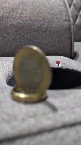 A coin stands on a ring. The coin has writing on it and appears to be gold colored. The ring is also gold colored. In the background, there is a blurred gray fabric couch. There is also a very small red gemstone in the background that is out of focus.
