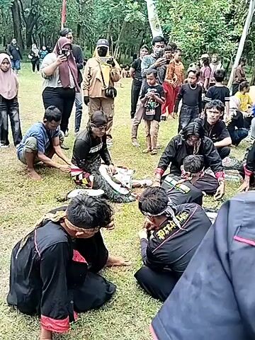 A group of people are gathered in a grassy, outdoor area with trees in the background. Many are looking at and recording with their phones a group of men kneeling on the ground, wearing black tops and headbands.  Some of the kneeling men are lying on their sides. A man is holding a red-and-black horse prop while talking to another man. The crowd includes men, women, and children, some of whom are sitting or standing. Some of the observers are taking pictures.