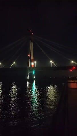 A nighttime video captures a view of a large, illuminated cable-stayed bridge from the water. The bridge's central pylon, a tall structure with white and red sections, is prominently visible. Numerous cables radiate from the pylon, supporting the bridge deck. Lights line the bridge deck and the pylon itself, casting reflections on the dark, rippling water below. There are no people or vehicles visible in the frame. The scene is dark, with the artificial lights of the bridge being the primary source of illumination.