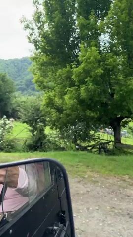 The video shows a view from inside a vehicle, looking out at a rural landscape. In the foreground, the side mirror of the vehicle is visible, reflecting a person's arm and shoulder wearing a pink shirt. The road appears to be unpaved.

The landscape consists of rolling green hills covered in trees, with a partly cloudy sky overhead. In the middle ground, there is a grassy field with a wooden fence. Several sheep are grazing in the field, and one dark-colored sheep is standing out from the lighter-colored ones. There are also some trees and shrubs scattered throughout the scene. Further back, a few simple buildings are visible, including one with a light-colored facade and a blue roof, and another smaller structure. A wooden fence runs across the middle of the frame, separating the field from another area. In the last few seconds, a cow is visible within a fenced enclosure. The overall impression is of a peaceful, rural setting.