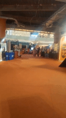 Orange-carpeted mall exhibition with retail booths and browsing crowds