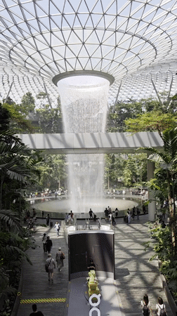 Early morning visitors document Rain Vortex at Jewel Changi Airport