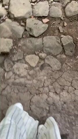 The video shows a first-person perspective of someone walking on a path. The path is uneven and appears to be made of stones and dirt. The person is wearing white Crocs and striped pants. The camera then pans up to show trees and foliage. The scene appears to be outdoors in a natural environment, possibly a forest or a garden. The lighting suggests it is daytime.