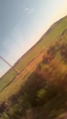 This is a vertical, slightly blurred video taken from a moving vehicle, possibly a train or car, looking out a window. The scene depicts a rural landscape with a large, green field stretching into the distance. A hill or mountain range is visible in the background, silhouetted against a bright, hazy sky that appears to be either dawn or dusk, with the sun creating a strong lens flare. The field has a textured appearance with variations in green and yellow tones, suggesting different types of vegetation or possibly crops. There are some faint pinkish-purple splotches in the field, which could be wildflowers. A dark, thin pole or wire extends diagonally from the upper left towards the center of the frame, consistent with being near a railway or road. In one brief segment, a blurry, rectangular sign with blue stripes on a white background is visible on a pole. The overall impression is of a journey through an open, natural environment.