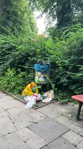 The video shows a public trash can overflowing with garbage bags. There are several plastic bags filled with various items, including food wrappers and what appears to be bread. The trash can is located on a paved walkway surrounded by dense green bushes and trees, suggesting an outdoor urban or park setting. The ground is a mixture of concrete slabs and dirt. The lighting indicates it is daytime, likely overcast or shaded by the trees. There are no people visible in the frame. The overall impression is one of litter and a lack of proper waste management.