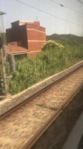 This is a first-person perspective video taken from a moving train. The camera is looking out the window at railroad tracks, greenery, and a building. The train appears to be moving at a moderate speed, as indicated by the blur of the tracks and the surrounding scenery. The sky is clear and the sun is shining, suggesting it is daytime. There are no people visible in the video, and the focus is on the environment outside the train.