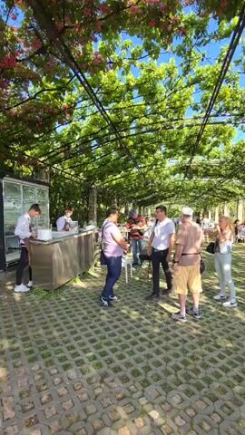 The video shows a restaurant with outdoor seating. The seating area is under a pergola covered with green vines and some pink flowers. The ground is covered with square-shaped grass pavers. Several people are standing and talking near a buffet table on the left side of the frame. Other people are seated at white tables with white tablecloths, eating and talking. The sky is blue and visible through gaps in the pergola covering. There are stone pillars supporting the pergola structure. Some people are wearing casual clothing.