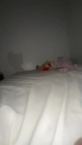 The video shows a dimly lit bedroom scene focusing on a bed with white sheets. On the right side of the bed, a cluster of plush toys is visible, including a yellow one, a red one, and another with large eyes. A light-colored cat, possibly white or grey with a darker tail, enters the frame from the left side of the bed. The cat walks purposefully towards the plush toys, then settles down among them, appearing to snuggle. The soft, dim lighting suggests it is evening or night, creating a calm and cozy atmosphere. There is no visible text.