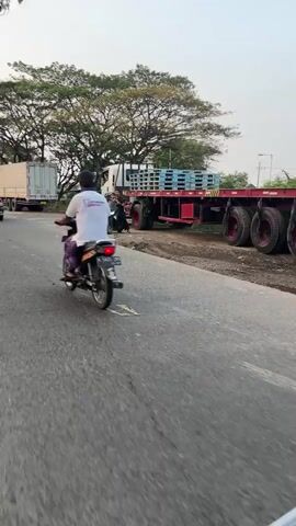 The video captures a roadside scene with several vehicles and people. In the foreground, a gray asphalt road is visible, with a portion of a white vehicle or object at the bottom right corner, possibly part of a car or camera rig. A motorcycle with a rider wearing a white shirt and dark pants is moving away from the camera on the left side of the road. Further down the road, a white semi-trailer truck is parked. To its right, a red flatbed truck is stopped, carrying a load of blue pallets. Two individuals are standing next to the flatbed truck. One appears to be on a black motorcycle, leaning it against the truck. The other person is standing near the motorcycle, appearing to interact with the driver. The background features a line of trees with sparse foliage and a hazy sky, suggesting either early morning or late afternoon. The overall environment seems to be a semi-rural or industrial area.